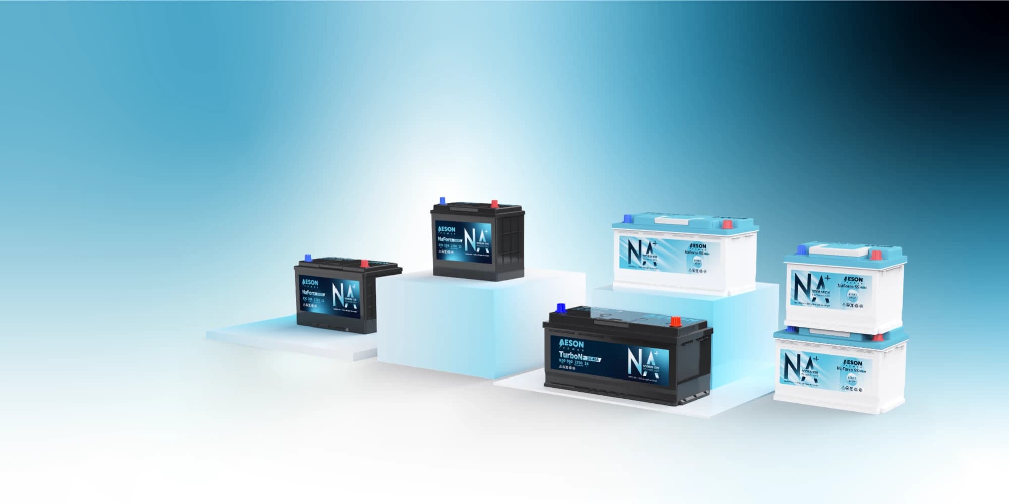 The Aeson Power sodium-ion car battery range on a lit display stage